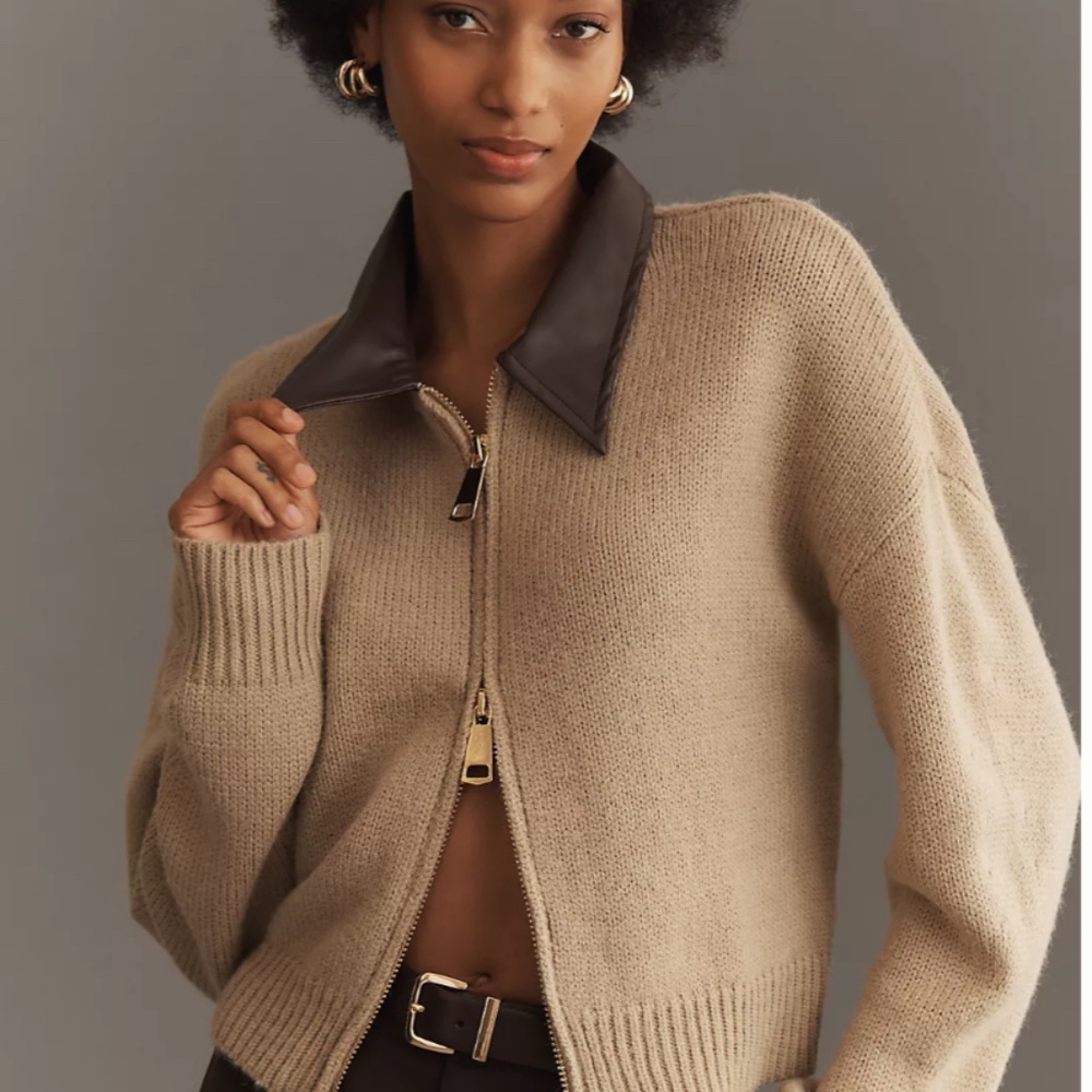 By Anthropology Faux leather mixed cardigan sweater